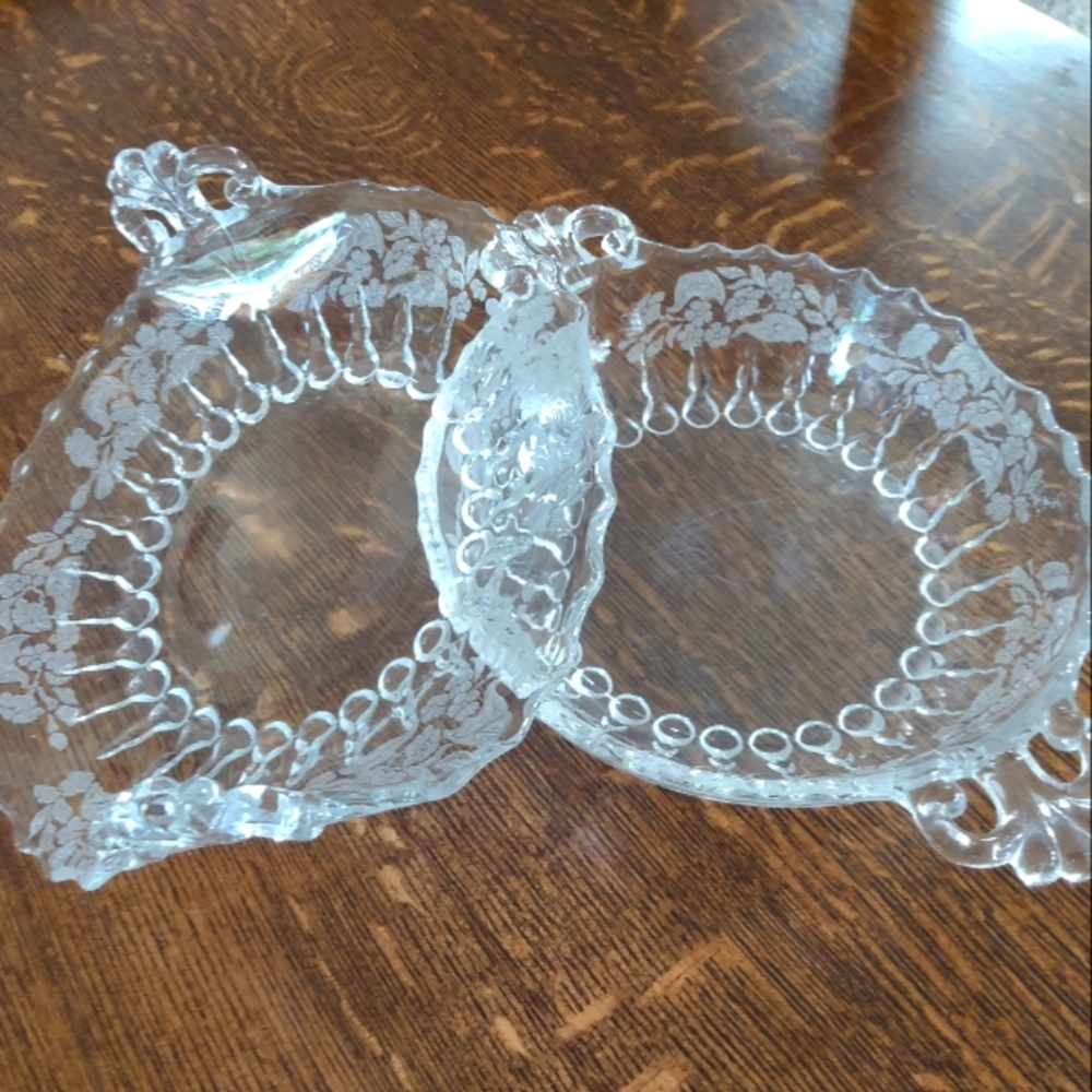 Vintage Floral Etched Round and Flared Handled Glass Serving Dishes/Bowls - Picture 1 of 16